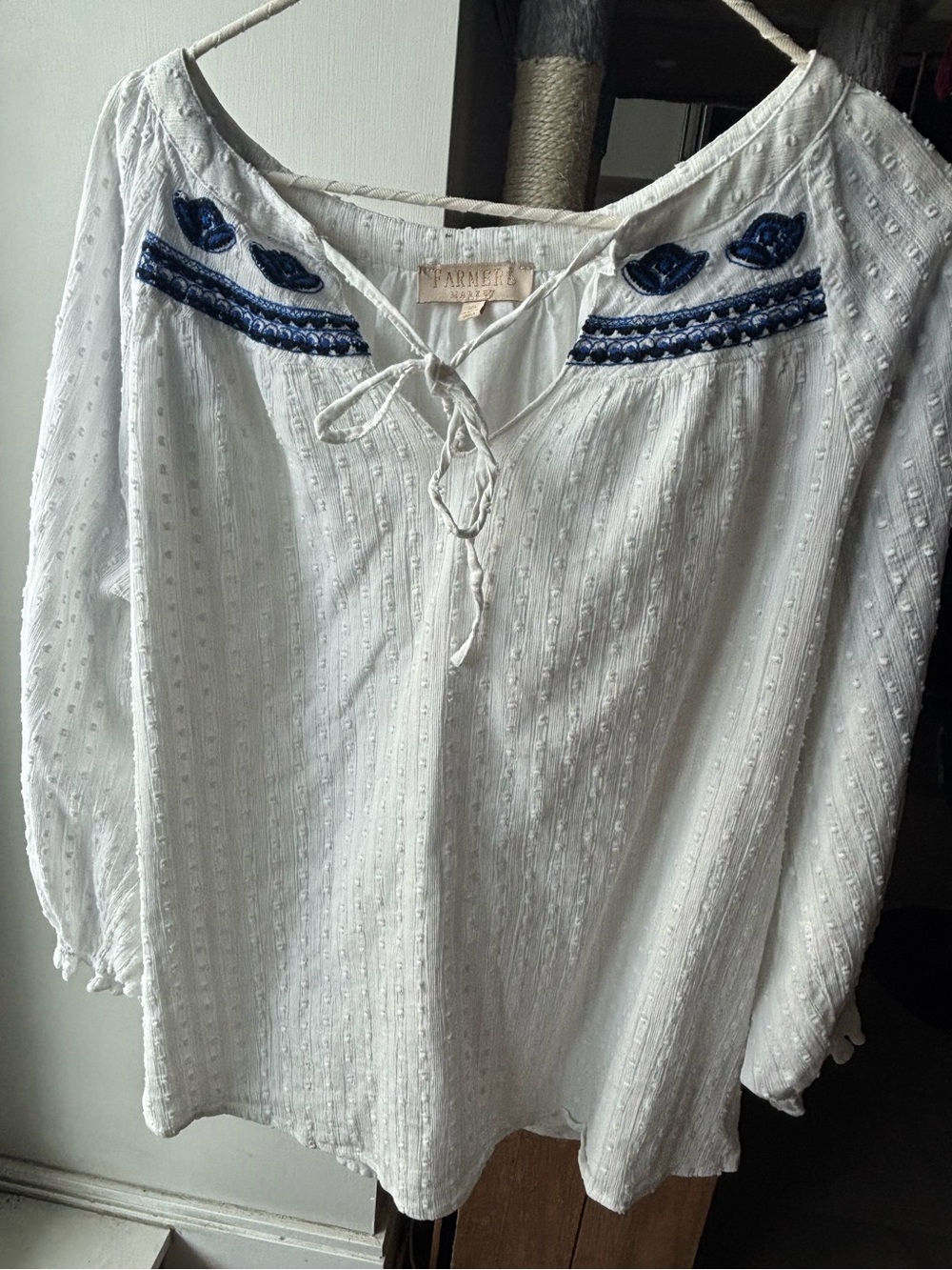 4 for $25- Bohemian Style Knit White Peasant Blouse with Navy Embroidery